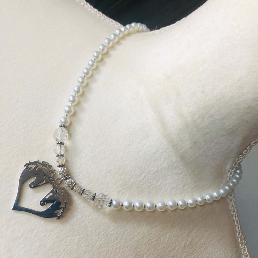 Handcrafted repurpose shiny silver horse love pendant Czech glass Pearl necklace